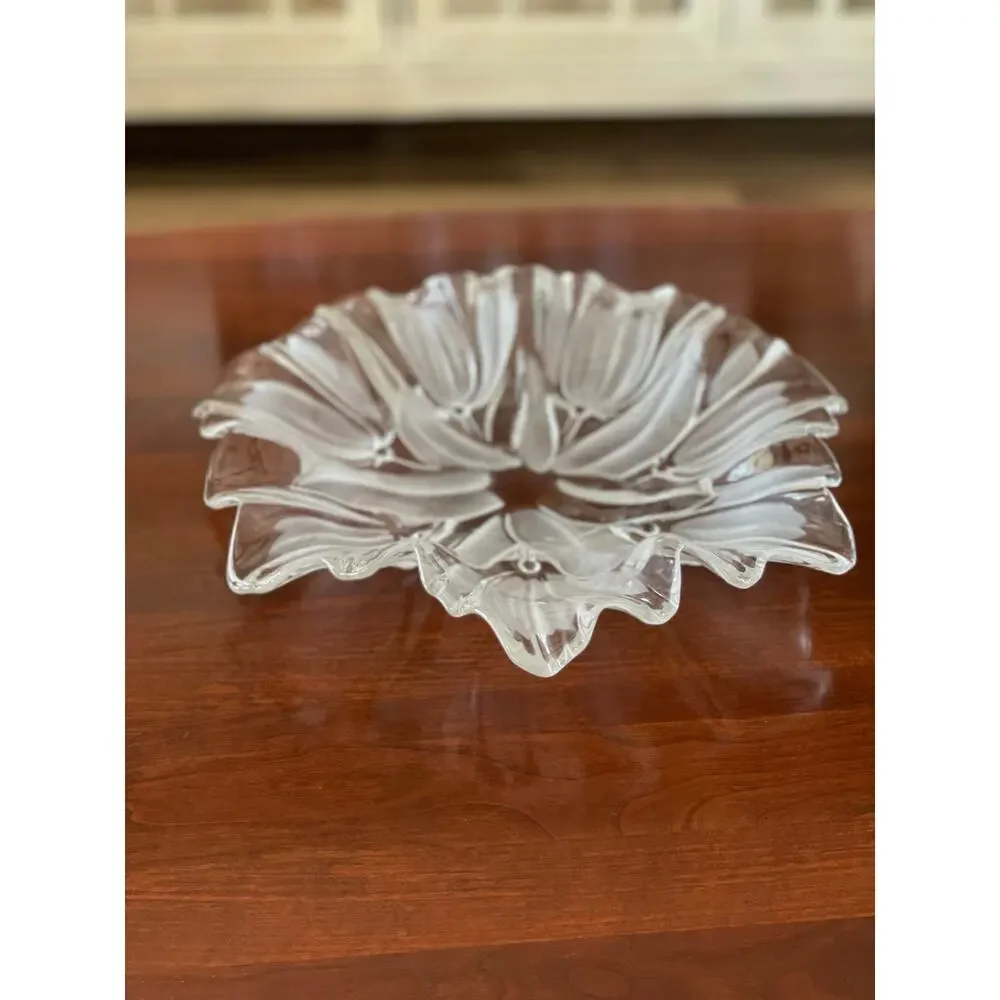 Crystal Dish Etched Floral Design 13 Inch Diameter